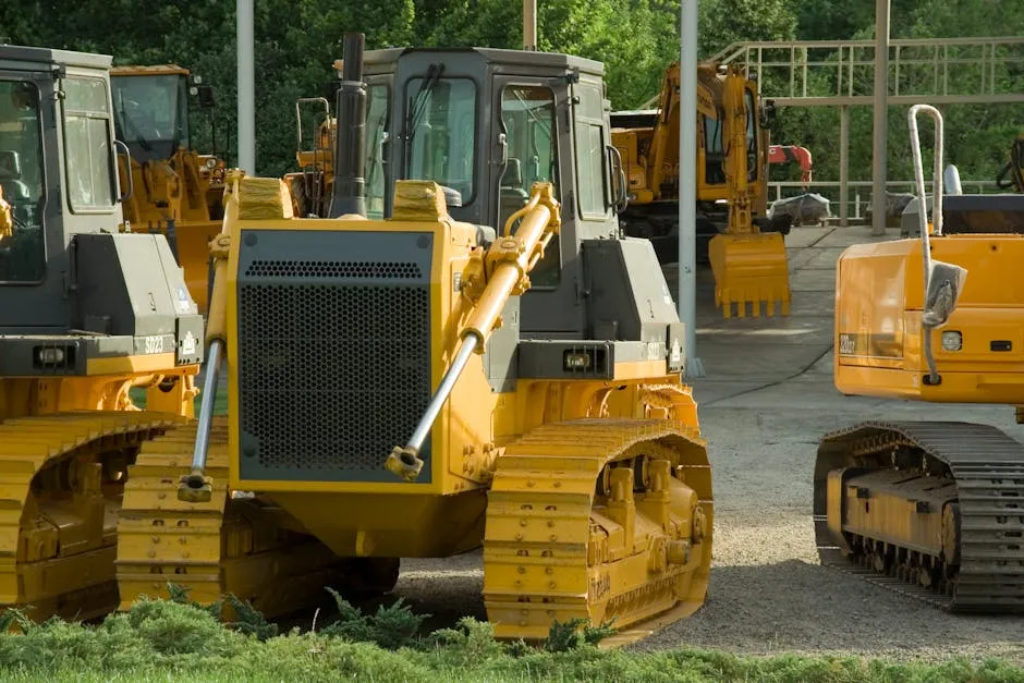 ciężki sprzęt budowlany pracujący na placu budowy w świetle reflektorów